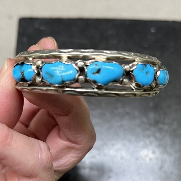 C. Yazzie Navajo Sterling Silver Open Cuff Bracelet with Five Turquoise Nuggets - Picture 5 of 10